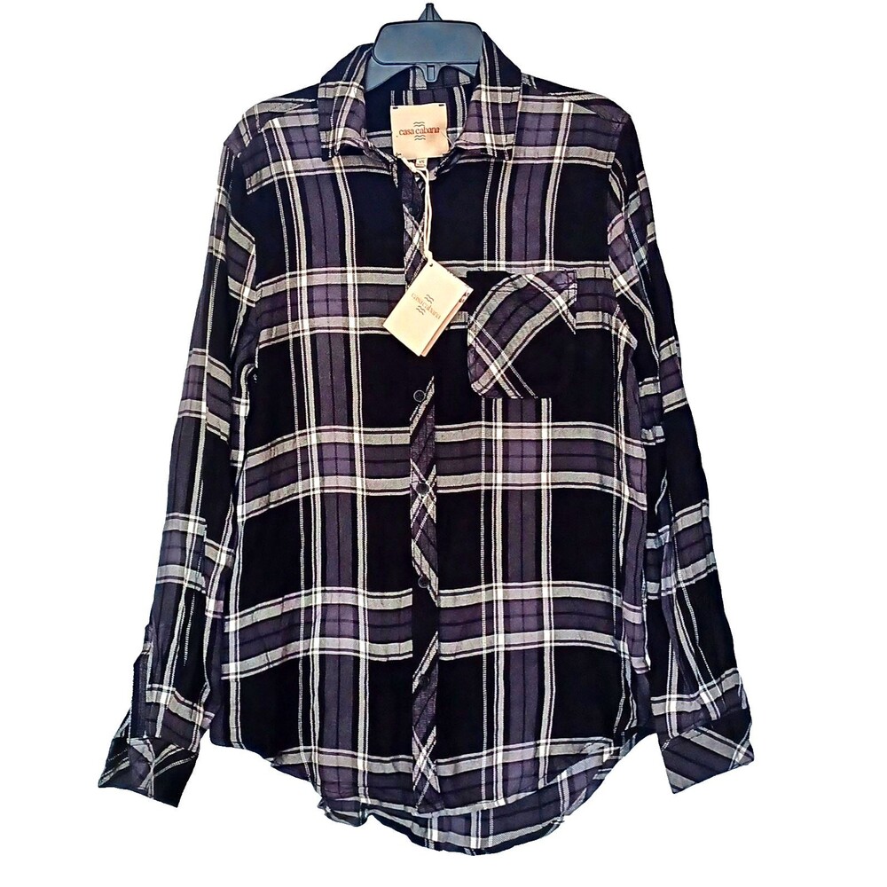 Casa Cabana Women's XS Plaid Button-Up Shirt Long Sleeve Black Purple Gray NWT
